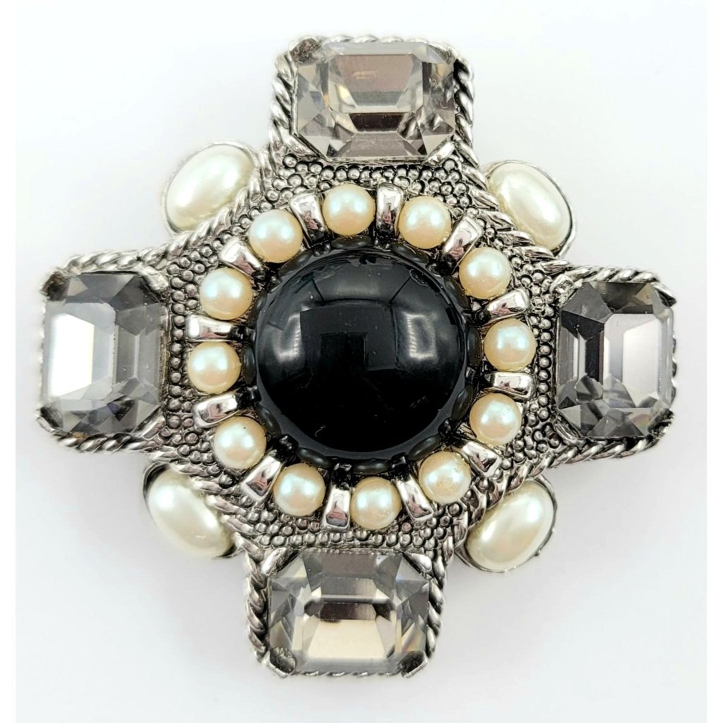 Ciner Silvertone Black Lucite, Rhinestone Simulated Pearl Brooch Pendant, Nos
